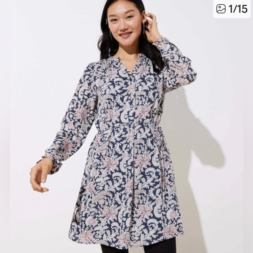 Loft Plus Navy Blue Paisley Floral Ruffle Long Sleeve Shift Dress Size 18 488425